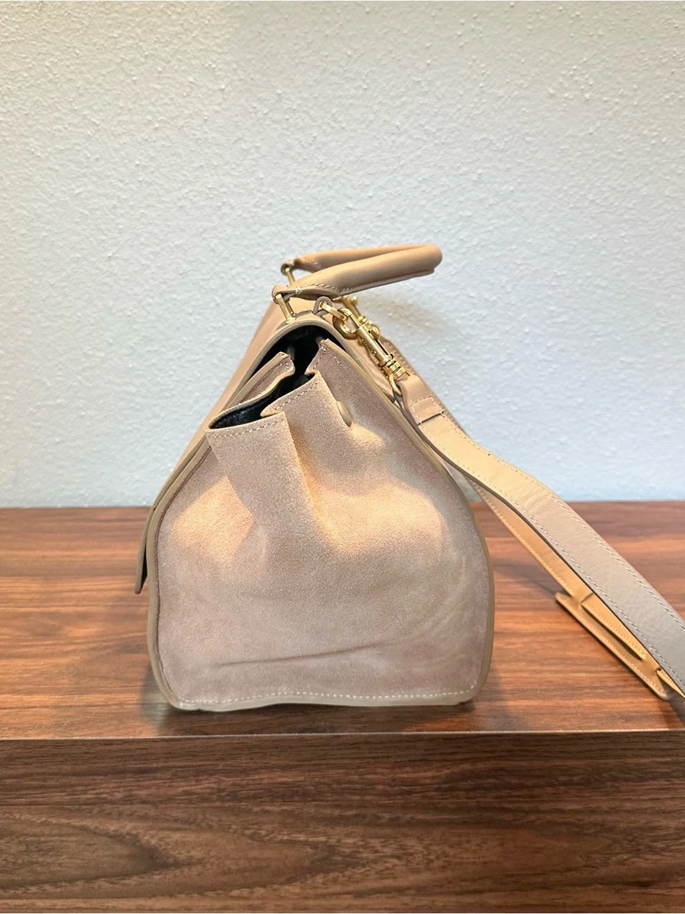 Ce!ine INSPIRED Trapeze-Style Leather Top-Handle Bag in Light Beige